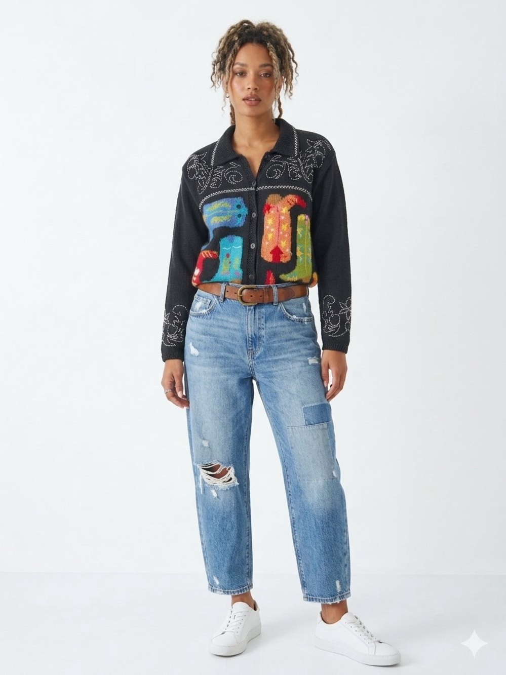 Susan Bristol Black Cardigan with Multicolor Boots and White Embroidery